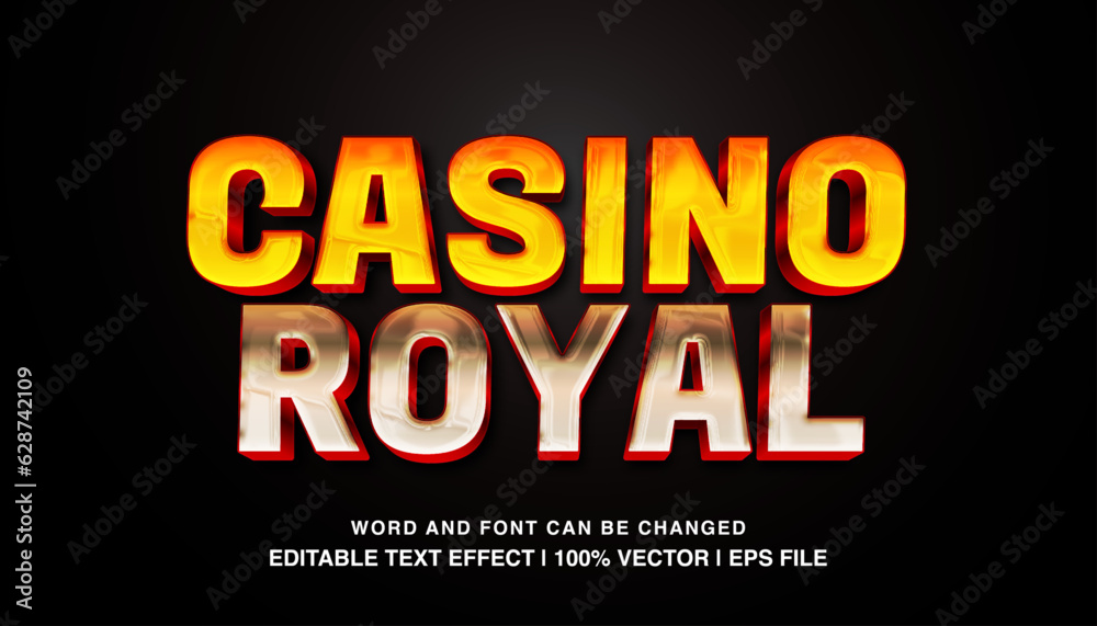Casino royal editable text effect template, 3d bold golden glossy futuristic movie style typeface, premium vector