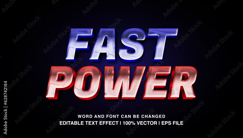 Fast power editable text effect template, 3d bold glossy futuristic movie style typeface, premium vector