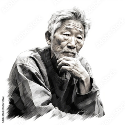 Asian old man in thinking and doubts monochrome illustration. Male character with dreamy face on abstract background. Ai generated black and white sketch poster.