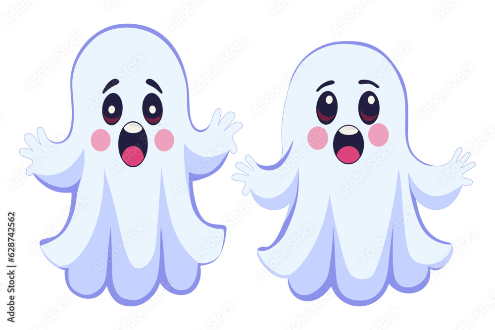 Fototapeta premium Two cute spooky Halloween ghosts. Funny comic phantom characters. Cartoon baby spirits that want to scare. Vector illustration.