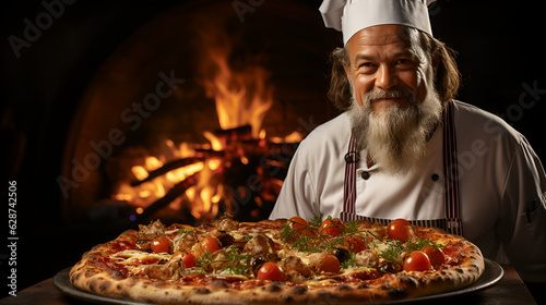 Taste of Italy. A pizzaiolo Chef from Naples Showcasing a Delicious Piping Hot Pizza. Copy Space. Neapolitan Gastronomy, ai generative