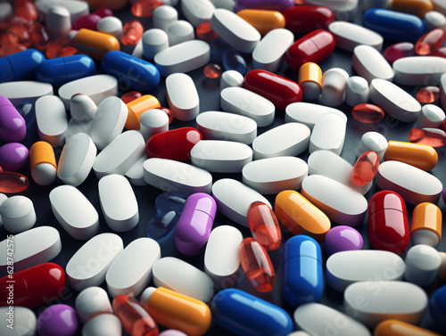 3d render lots of tablets and capsule. Generative AI, medicine concepts, pharmaceutical concepts.
