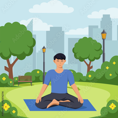 Illustration of man practicing yoga in the park