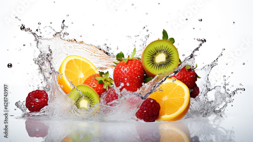 AI Generative.fresh multi fruits and vegetables splashing into blue clear water splash healthy food diet freshness concept isolated on white background