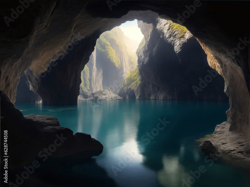 Natural landscape cave in beautiful light and tranquil haven Created with Generative AI technology.