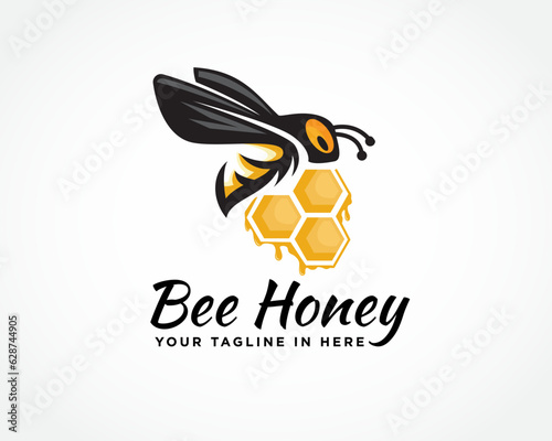 flying bee on beehive hexagonal cells create honey art logo design template illustration inspiration
