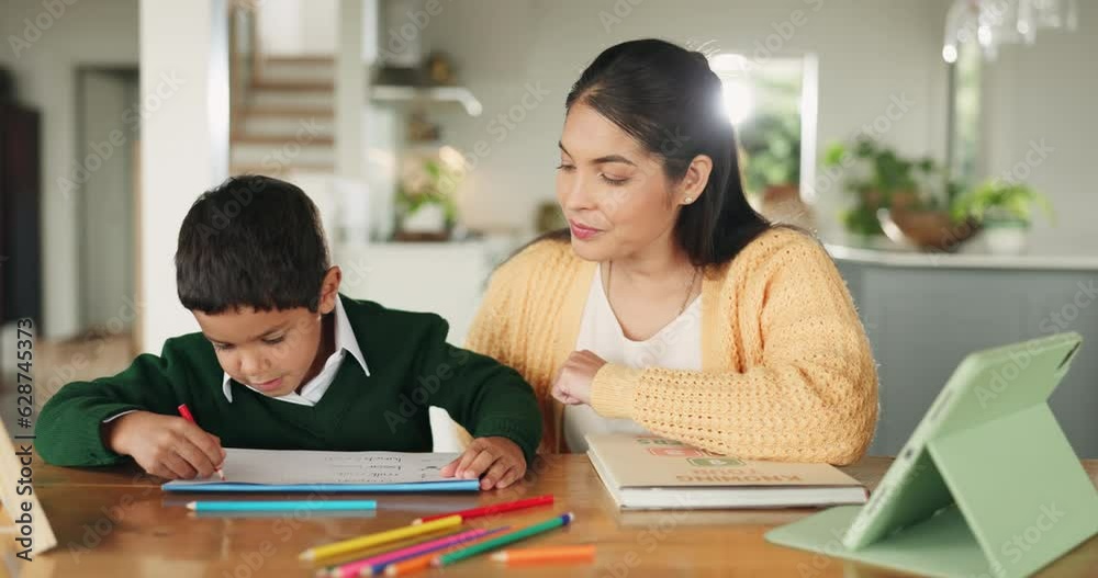 School, work and mom helping child in home, living room or boy with homework, education and learning at table. Student, development and mother teaching math, writing or knowledge to kid with notebook