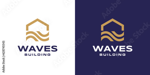 Waves Building Logo Simple Monoline Style. Home + Wave Shape
