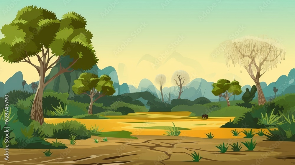 African Savanna forest landscape scene at sunset illustration, generative ai