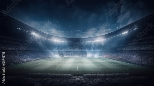 Soccer arena. Realistic european football stadium with grass field  lights and spotlights. Banner sport