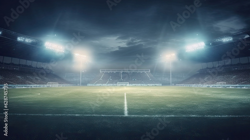 Soccer arena. Realistic european football stadium with grass field, lights and spotlights. Banner sport