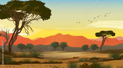 African Savanna forest landscape scene at sunset illustration  generative ai