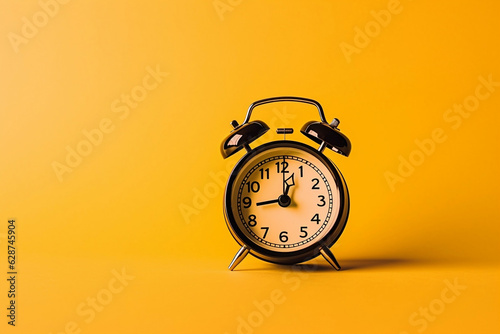 Horizontal banner of alarm clock on yellow background with place for text, copy space. Concept of time, deadline, time to work, morning, time management, morning routine schedule. Generative AI