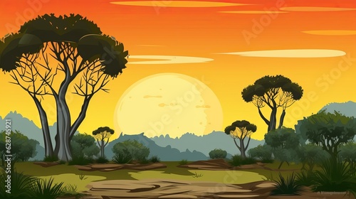 African Savanna forest landscape scene at sunset illustration, generative ai