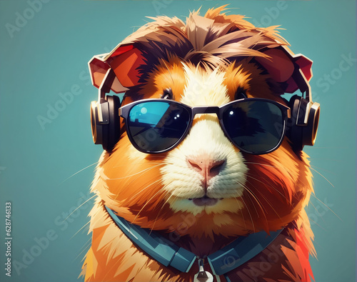 A frontal face of a guinea pig wearing sunglasses logo  icon  low poly  illustration  closeup  portrait  colorful hair  permed long hair  wearing many earrings and necklace  like DJ