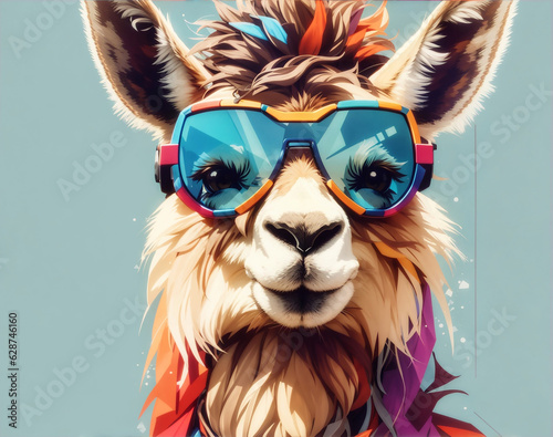 A frontal face of a lama wearing goggles logo, icon, low poly, illustration, closeup, portrait, colorful hair, permed long hair, wearing many earrings