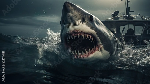 A fierce shark with its mouth wide open  showcasing its sharp teeth  ready to attack. Generative AI