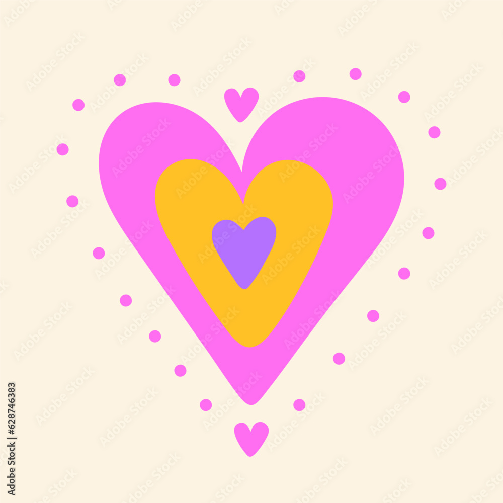 Abstract shapes of hearts. Naive hand drawn illustration design with decoration. Colorful vector clipart
