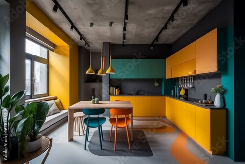 Bright kitchen in luxury eco house. Bold color blocks and contrasting textures in eco interior orange design. Zero waste, eco friendly products, recyclable architecture, sustainability. Generative AI
