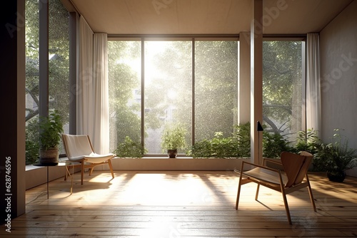 3D Render of a Bright Bedroom with a Window to Nature