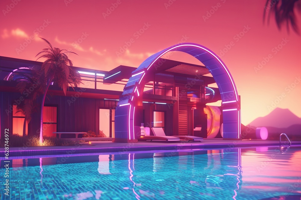 Naklejka premium 3D Render of a Futuristic Neon Summer City
