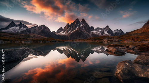 A beautiful lake among the mountains against the backdrop of sunset or dawn. © ArturSniezhyn