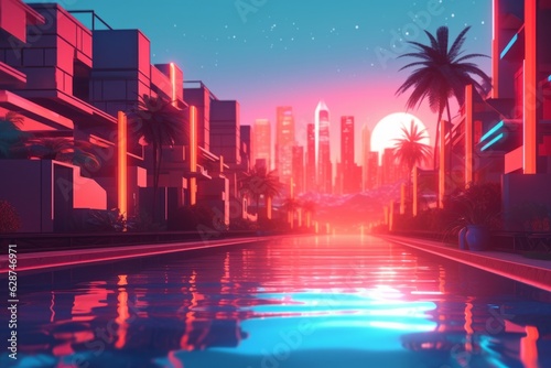 3D Render of a Futuristic Neon Summer City