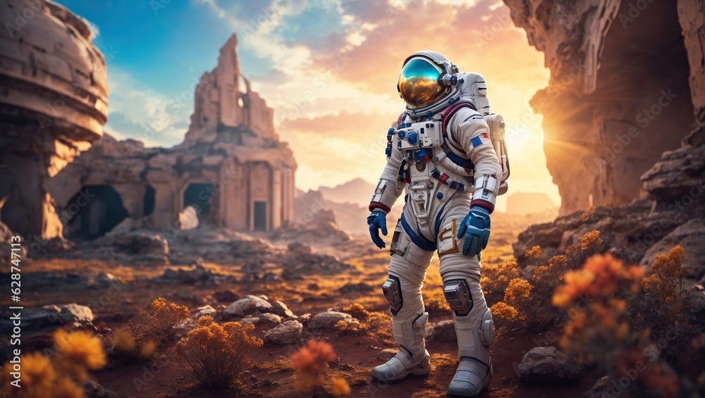 An astronaut exploring an otherworldly planet's surface with a mystical atmosphere and ancient ruins in the background. Ai generated. An astronaut exploring an otherworldly planet's surface with a mystical atmosphere and ancient ruins in the background. Ai generated.