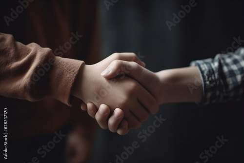 Close-up of two teenage boys hands in casual clothes shaking hands in agreement on dark gray background. First business arrangement. Successful deal corporate partnership from young age