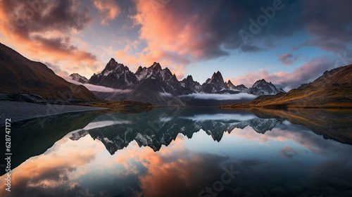 A beautiful lake among the mountains against the backdrop of sunset or dawn. © ArturSniezhyn