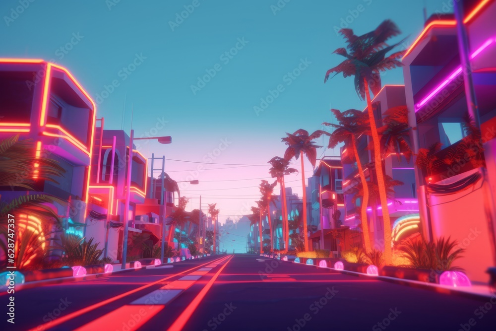 Obraz premium 3D Render of a Futuristic Neon Summer City