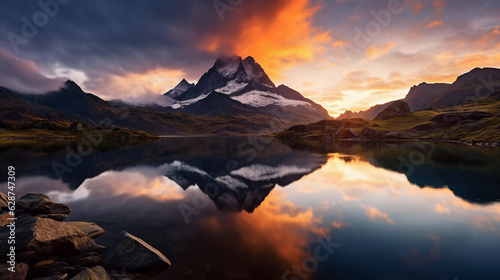 A beautiful lake among the mountains against the backdrop of sunset or dawn.