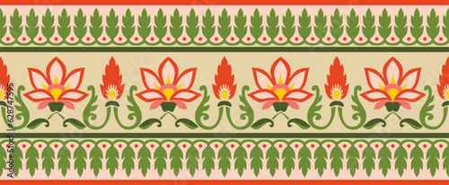Vector seamless colorful Indian national ornament. Ethnic endless plant border. Flowers frame. Poppies and leaves..