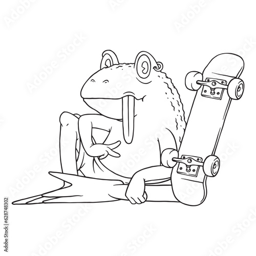 coloring illustration of cartoon sitting frog with skateboard