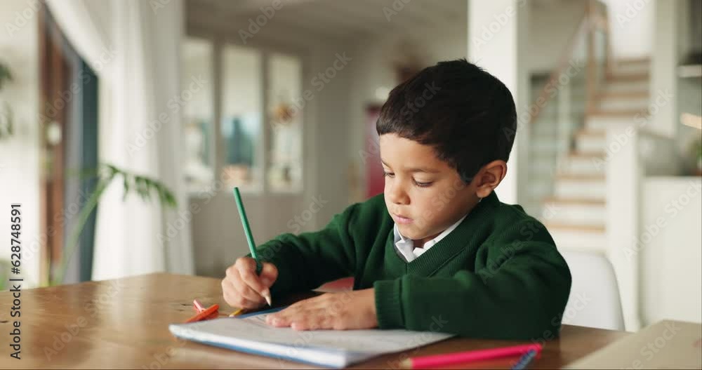 Boy, writing and learning with thinking, home and pencil for problem, development and education course. Male kid, school notebook and study at desk for scholarship, test and homework in family house Boy, writing and learning with thinking, home and pencil for problem, development and education course. Male kid, school notebook and study at desk for scholarship, test and homework in family house