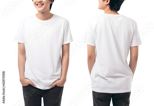Young man in white T shirt mockup front and back view, Cutout.