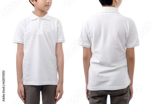 Young boy in white Polo shirt mockup front and back view, Cutout.