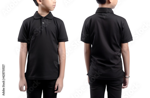 Young boy in black Polo shirt mockup front and back view, Cutout.