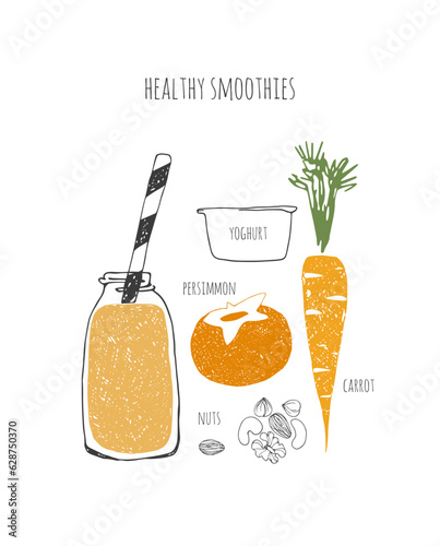 Hand drawn healthy smoothie recipe. Doodle nuts, carrot, yoghurt, persimmon.