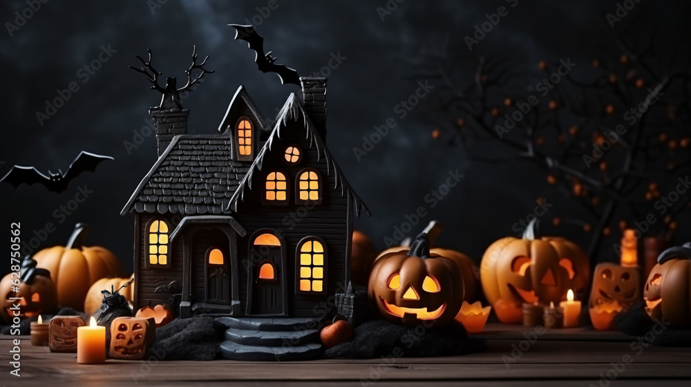 Halloween background with haunted house and pumpkins on dark background.