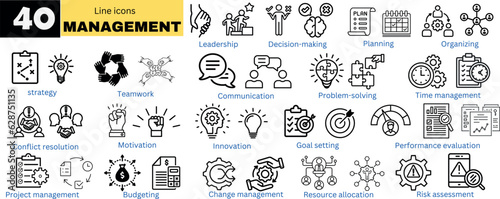  Management line icons set, Outline icons of business management. Vector collection of elements related to businessman, career, human resources, employee, strategy, communication, and teamwork