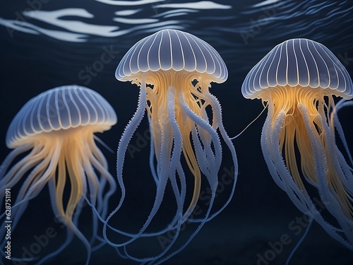 three stunning translucent jellyfishes swimming around in a blue water tank, jellyfish