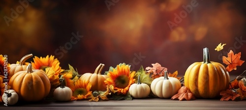 Thanksgiving or Autumnal decoration with pumpkin on wooden background copy space  generative AI