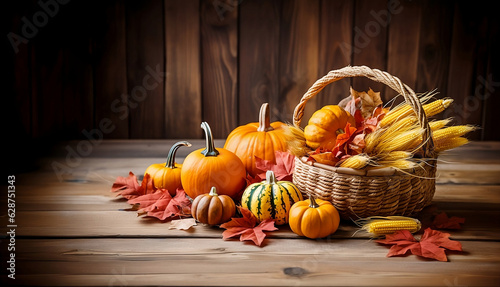 Thanksgiving or Autumnal decoration with pumpkin in wicker basket on wooden background copy space  generative AI