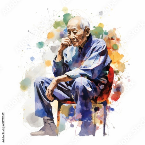 Asian old man in thinking and doubts watercolor illustration. Male character with dreamy face on abstract background. Ai generated watercolor poster.