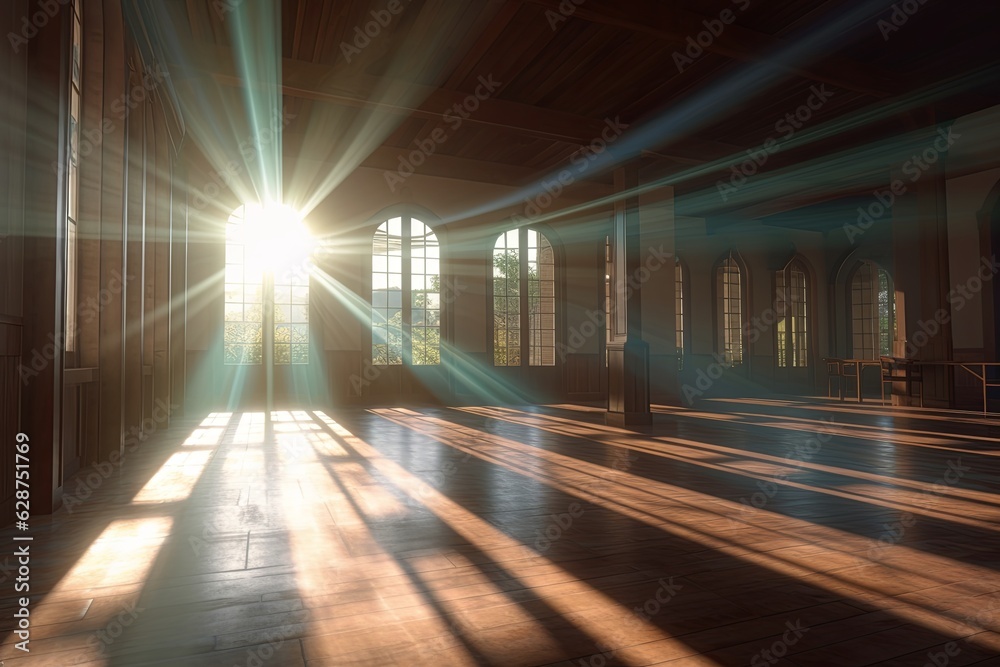 3D Render of Bright Rays Piercing into an Empty Room Ambient Scene