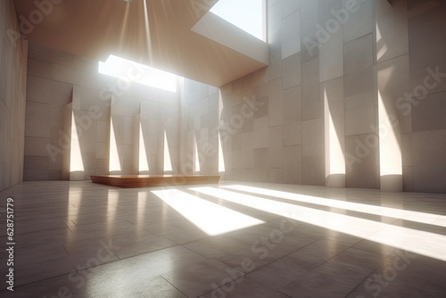 3D Render of Bright Rays Piercing into an Empty Room Ambient Scene photo