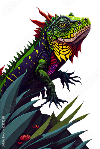A detailed illustration of an iguana reptile with dark gothic  leaf  and flower for a t-shirt design 