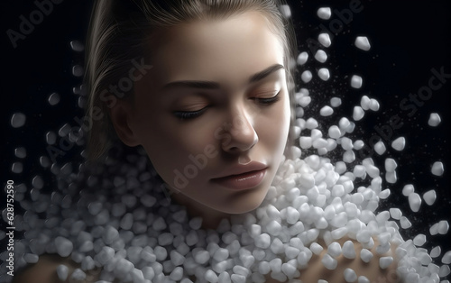 Portrait of a beautiful woman surrounded by cubes of refined sugar created with Generative AI technology