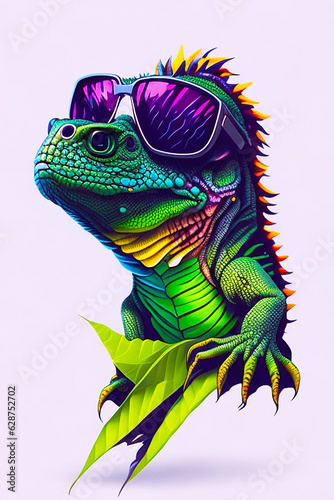 A detailed illustration of an iguana reptile wearing trendy sunglasses and a hat with dark gothic  leaf  and flower for a t-shirt design 